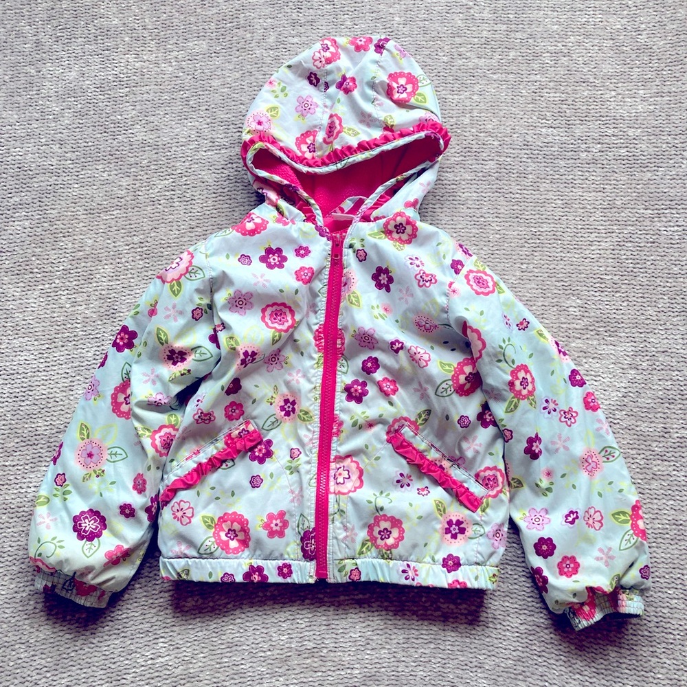 Hanna Andersson Floral Spring Coat Jacket Fleece Lined Hood Sky Blue 110cm US‎ 5